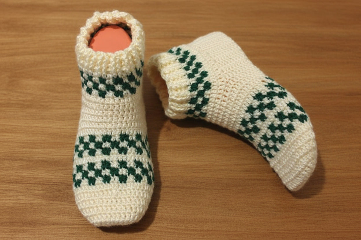 Green and White Crochet Slipper